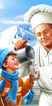 Chef and the children. The illustration on the label drinking water.