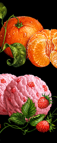 Mandarin. Strawberry sorbet. Illustration for packaging tea. 