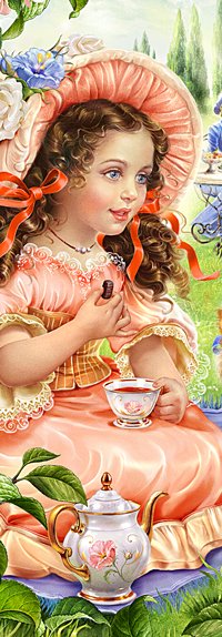 Das Mädchen trinkt Tee mit Süßigkeiten. Illustration zum Verpacken von Süßigkeiten. 