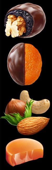Nuts, chocolate, prunes, dried apricots. Photoshop. 