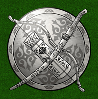 Emblem mit Säbel, Bogen und Schild. 