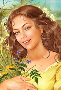 Девушка с полевыми цветами и яблоками.