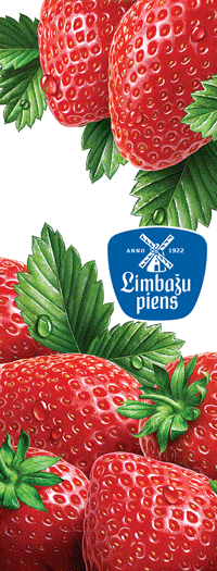 Blaubeeren, Pfirsiche, Erdbeeren. Illustration für Joghurt Limbažu piens (Lettland). 