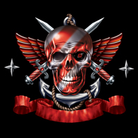 Emblem with a red skull.