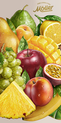 Illustration de fruits. Pour les boissons Josef Möller (Allemagne).