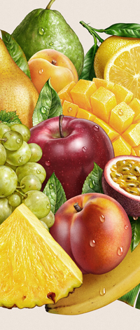 Illustration de fruits. Pour les boissons Josef Möller (Allemagne).